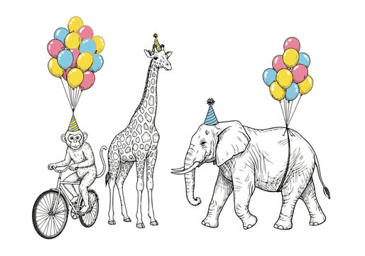 Hand drawn sketch of cute circus animals including a monkey riding a bicycle, a giraffe, and an elephant with party hats