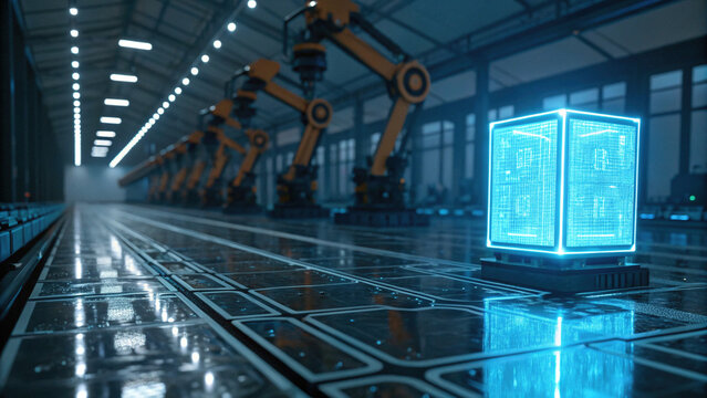 Manufacturing process with robotic arms placing an object with focus on modern technology, feeling automated