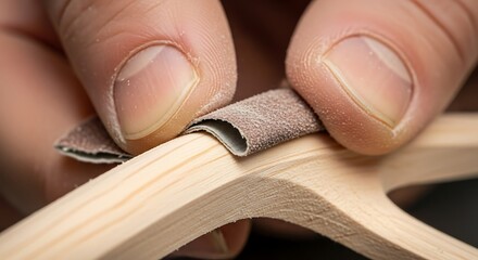 Artisan sanding wooden craft carefully, focusing on details, closeup view