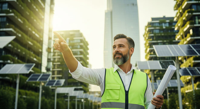 Visionary architect pointing at sustainable city project with solar panels and green buildings