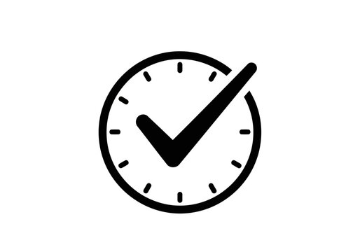 Black and white simple icon of a clock face with a large checkmark indicating time completion, approval, or success