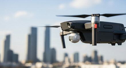 Modern drone with camera flying over blurred urban city skyline for aerial monitoring
