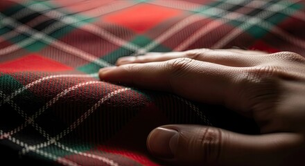 Hand feels red tartan, tartan brings hogmanay, tartan warms cold night