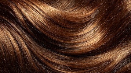 Fototapeta premium Close-up of luxurious wavy brown hair with golden highlights, showcasing healthy texture and vibrant color.