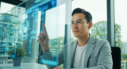 Asian Businessman Interacting with Futuristic Holographic Interface in Green City Office