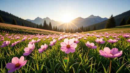 Pink cosmos field with serene mountain sunrise