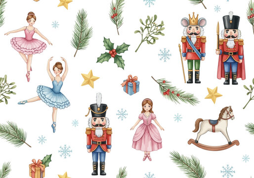 Watercolor nutcracker ballet seamless pattern with ballerina, toy soldier, and christmas decoration