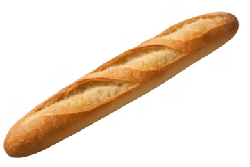 Freshly baked baguette with golden crust and crunchy texture, a traditional french bread loaf on transparent background