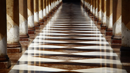 Fototapeta premium colonnade. Polished marble floor reflecting classical columns in symmetrical architecture. real-estate listings.