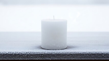 Solitary white wax candle stands atop an icy surface in monochrome setting