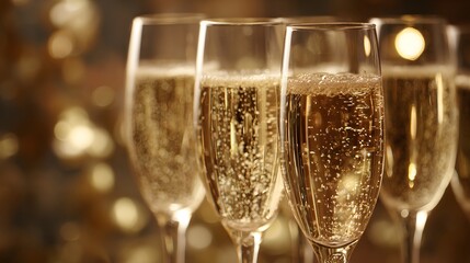 Close-up of several glasses of sparkling champagne with golden bubbles and bokeh lights in the background, perfect for celebrations.