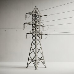 Steel power transmission tower against a neutral concrete wall backdrop