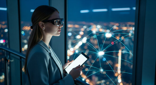 Businesswoman Uses Smart Glasses and Tablet to Monitor Smart City Data at Night