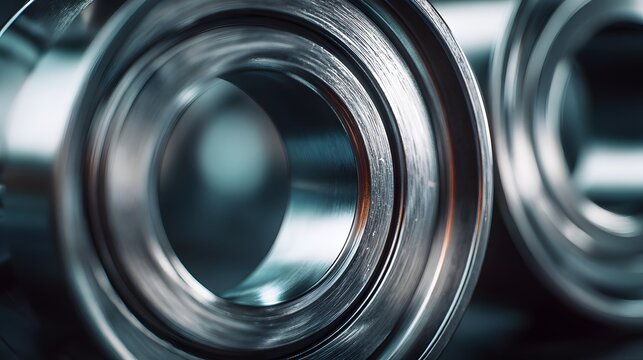 Close-up of shiny metallic circular objects with reflective surfaces and blurred background.