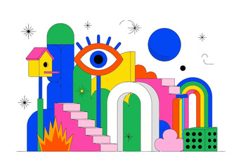 Vibrant abstract composition featuring colorful geometric shapes, an eye symbol, stairs, and a birdhouse