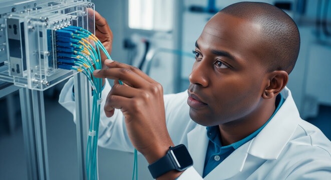 Focused African American engineer connecting fiber optic cables in a high-tech laboratory
