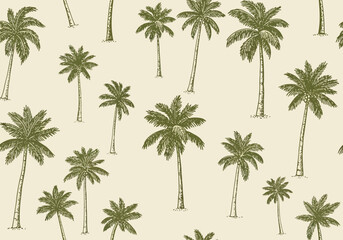 Fototapeta premium Seamless pattern of vintage hand drawn coconut palm tree sketch on light beige background for tropical textile design