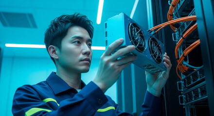 Asian technician installing hardware in a modern data center server rack