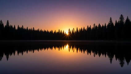 Fototapeta premium Sunset reflection on forest lake