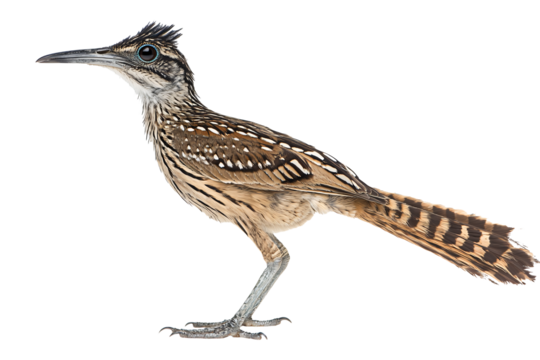 Swift roadrunner bird poised for action with keen eye and striped tail