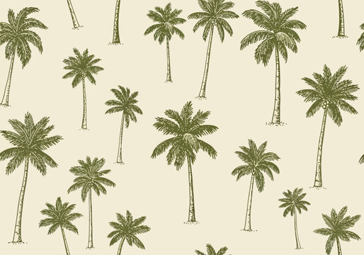 Seamless pattern of vintage hand drawn coconut palm tree sketch on light beige background for tropical textile design