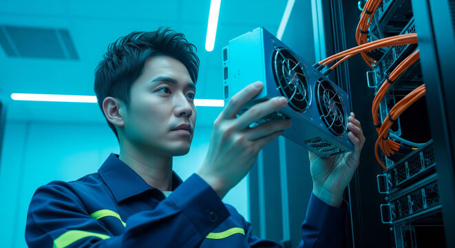 Asian technician installing hardware in a modern data center server rack