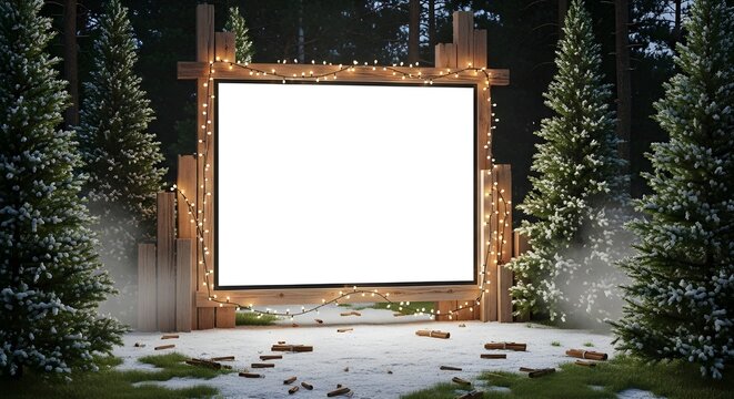 A large outdoor projection screen with a wooden frame and string lights, surrounded by snow-dusted pine trees in a winter forest setting.