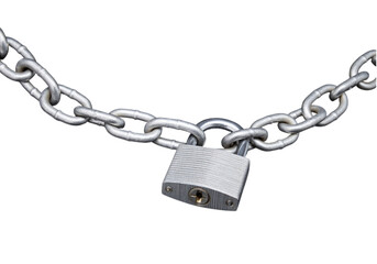 Close-up of a strong steel padlock and chain connection, symbolizing security, strength, and business protection