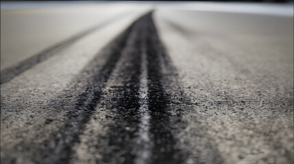 shallow. Racing tire marks on asphalt track surface, detailed texture patterns. event key visuals, club posters, designed for fitness apps and gym onboarding, used by sports marketers.