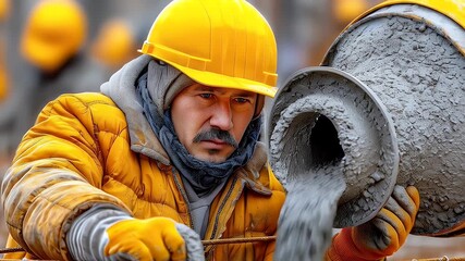 Construction worker pouring concrete from a mixer at a worksite