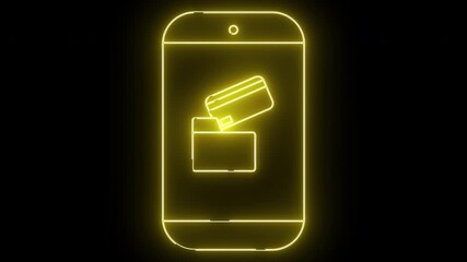 Yellow neon outline of a phone displaying a credit card insertion animation on a black backdrop
