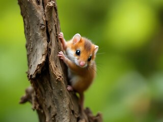 A close-up wildlife photo of a hazel dormouse clinging to a broken tree trunk with a soft green forest background, showing natural textures and adorable details of the animal