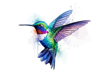 Fototapeta premium Vibrant watercolor illustration of a colorful hummingbird in flight