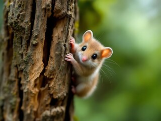 A close-up wildlife photo of a hazel dormouse clinging to a broken tree trunk with a soft green forest background, showing natural textures and adorable details of the animal