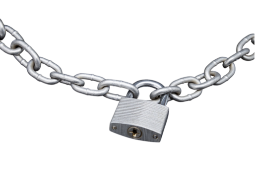 Close-up of a strong steel padlock and chain connection, symbolizing security, strength, and business protection