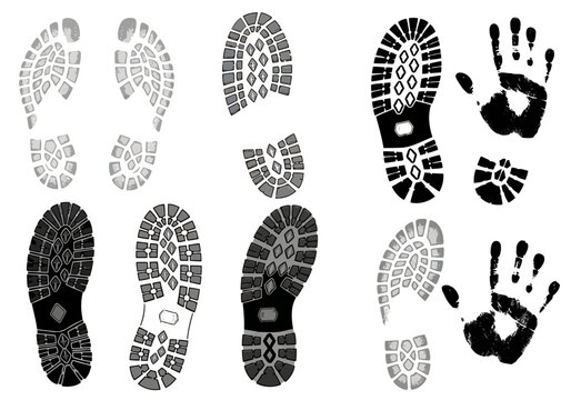 Collection of various black and white boot sole prints and handprint silhouettes