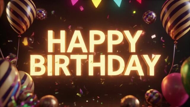 Glowing golden 'Happy Birthday' message shining brilliantly like a celebratory display, surrounded by festive balloons and shimmering confetti against a dark, vibrant background