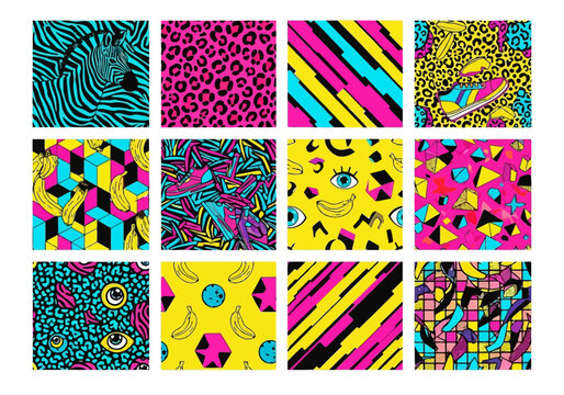 Collection of twelve vibrant, abstract, and retro 80s 90s style seamless patterns featuring animal print, geometric shape, and eye motif