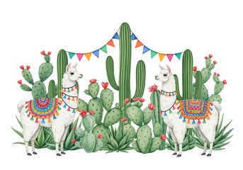 Obraz premium Two cute watercolor llamas with colorful saddle blankets standing among various green cactus plants and bunting flags