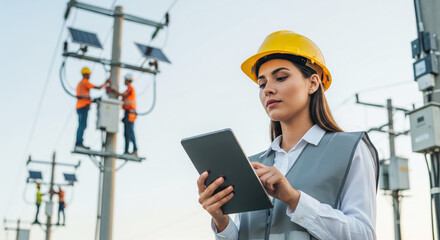Female electrical engineer uses a tablet to inspect smart grid infrastructure outdoors