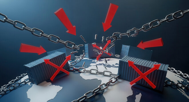 Global supply chain disruption with broken chains and shipping containers, symbolizing trade barriers and economic challenges, a modern concept illustration