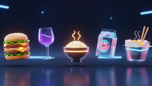 Futuristic Neon Glowing Food and Drink Collection on Display.