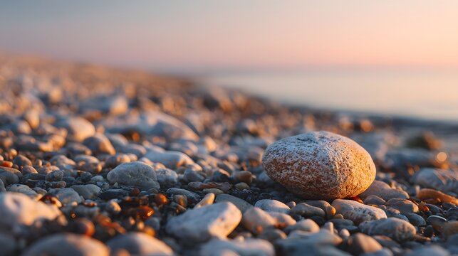 Close-up of sunlit pebbles on a beach at sunset with a blurred ocean background. - Powered by Adobe