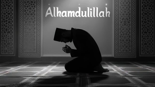 Man in Black Clothing Praying in Mosque, Monochrome