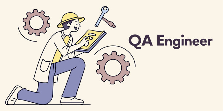 Quality assurance engineer inspecting mechanical equipment, modern vector style, showcasing precision and attention to detail in manufacturing and engineering work