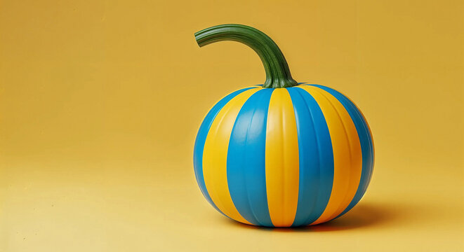 A vibrant pumpkin with blue and yellow stripes and a green stem, standing out against a solid yellow background