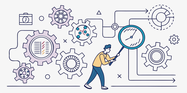 Modern business illustration showing process optimization with gears, time management, and analysis for streamlined workflow and efficiency improvements