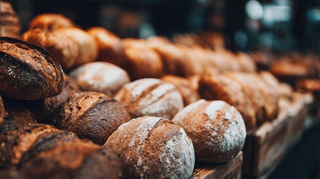 Baked bread loaves on a wooden display rack.