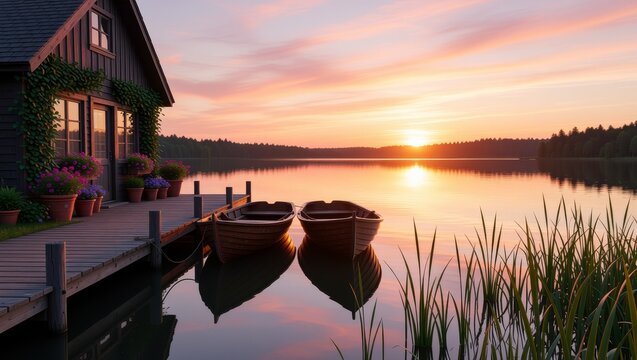 Sunset over calm lake with cabin and boats - Powered by Adobe