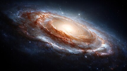 Fototapeta premium A spiral galaxy in space with a bright central region and a ring of stars and dust.